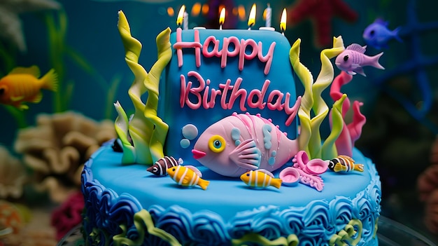 Foto un pastel de cumpleaños con peces y vida marina