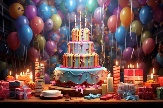 Un pastel de cumpleaños con un regalo de cumpleaños en la parte superior.