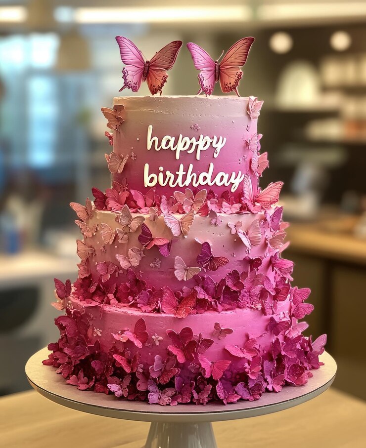 un pastel de cumpleaños rosa con las palabras feliz cumpleaños en él