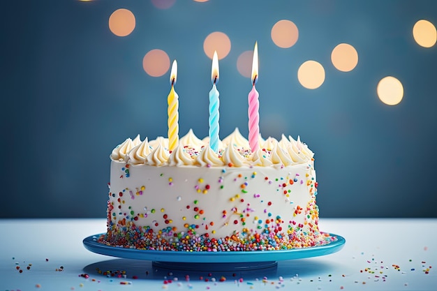 Foto pastel de cumpleaños con salpicaduras y velas sobre fondo azul