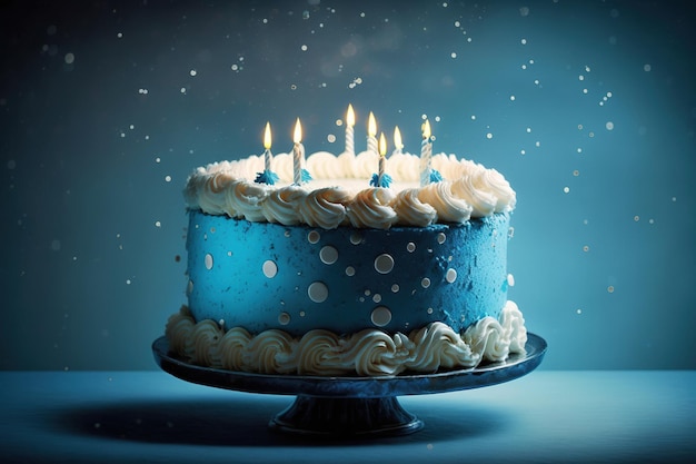 Pastel de cumpleaños sobre un fondo azul con velas y aislado para banner o tarjetas Ai generado