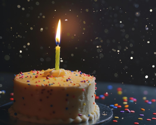 Un pastel de cumpleaños con una sola vela encendida y salpicaduras de arco iris