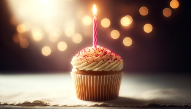 Pastel de cumpleaños con una sola vela encendida