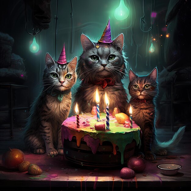 Un pastel de cumpleaños con tres gatos y un pastel de aniversario con velas encendidas
