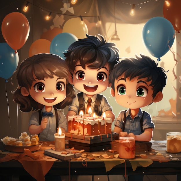 un pastel de cumpleaños con tres niños y un pastel de cumpleaños