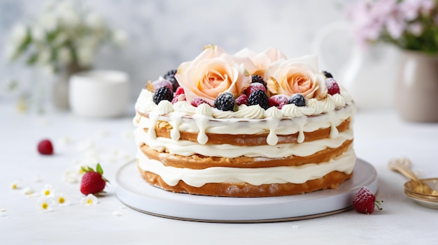 Pastel de cumpleaños de vainilla en la mesa blanca