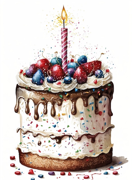 Un pastel de cumpleaños con una vela y bayas.