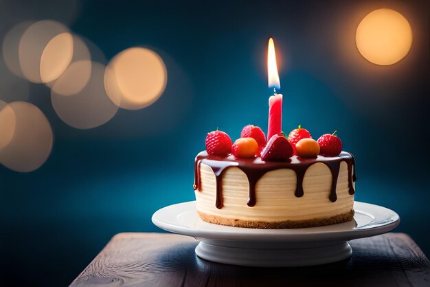 un pastel de cumpleaños con una vela encendida en la parte superior