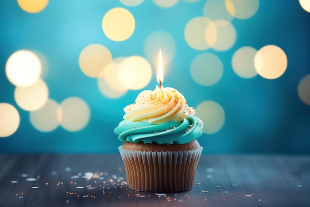 Pastel de cumpleaños con vela en la mesa con luces borrosas