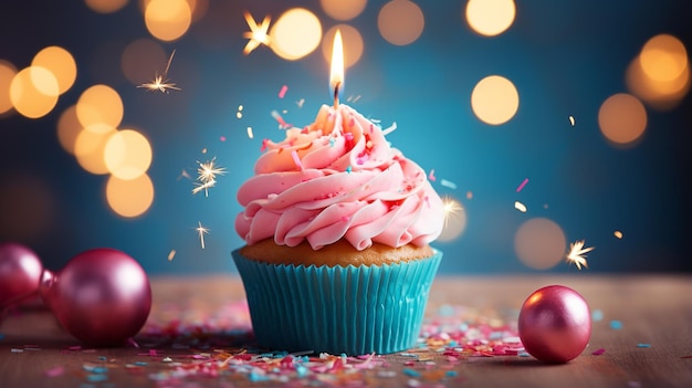 pastel de cumpleaños con vela en mesa de madera y fondo bokeh