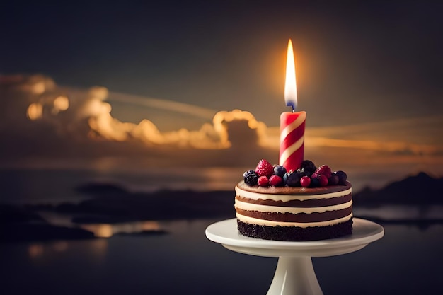 un pastel de cumpleaños con una vela que dice "cumpleaños".
