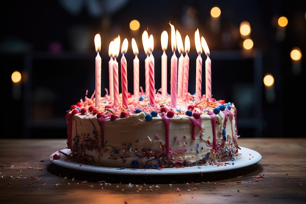 Un pastel de cumpleaños con velas apagadas sobre una mesa