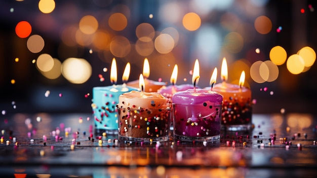 Pastel de cumpleaños con velas con bokeh de fuentes de luz