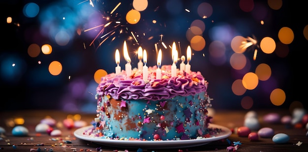 pastel de cumpleaños con velas de colores en una mesa de madera