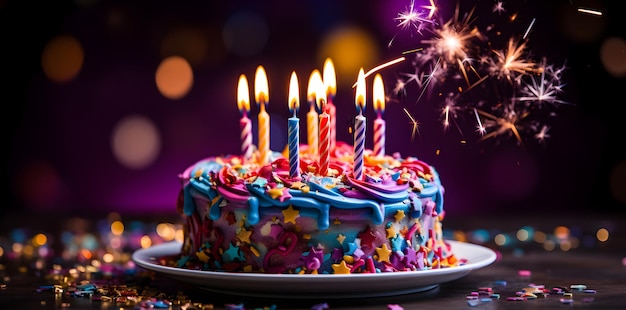 pastel de cumpleaños con velas de colores en una mesa de madera