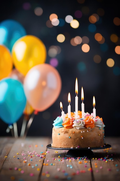 Pastel de cumpleaños con velas y coloridos globos de fiesta con espacio para texto
