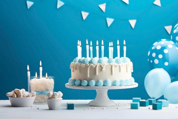 Pastel de cumpleaños con velas y dulces en la mesa blanca cerca de la pared azul IA generativa