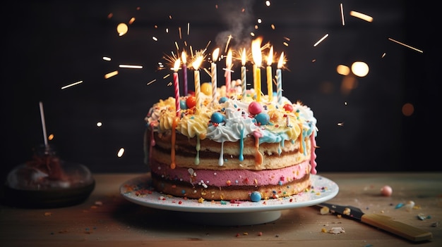 Un pastel de cumpleaños con velas encendidas está en un plato con bengalas en el fondo.