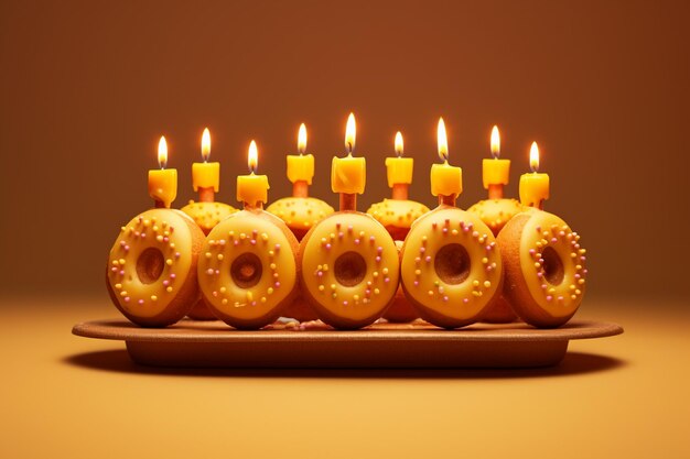 pastel de cumpleaños con velas encendidas en un fondo marrón renderización 3D