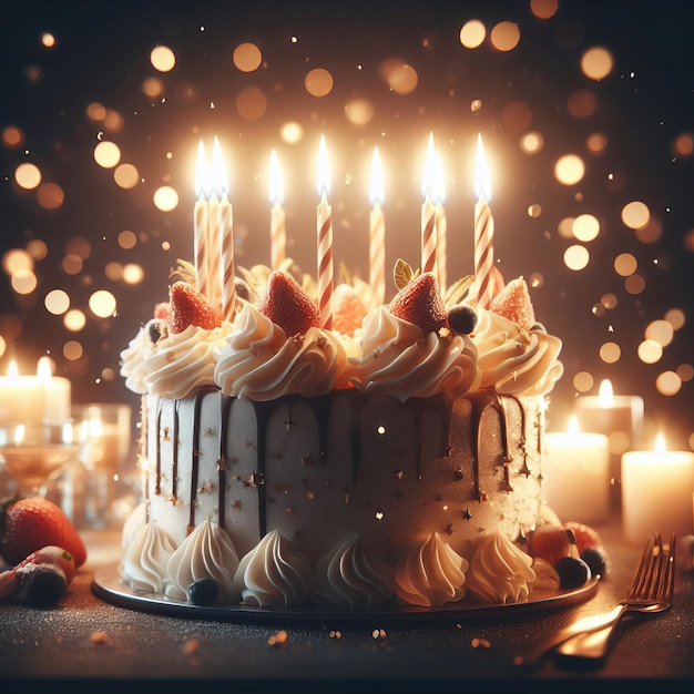 Pastel de cumpleaños con velas encendidas y fresas en un fondo bokeh