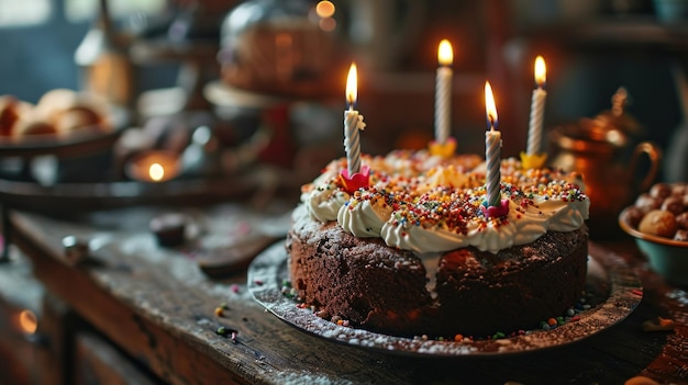 Pastel de cumpleaños con velas encendidas en una mesa de madera de primer plano