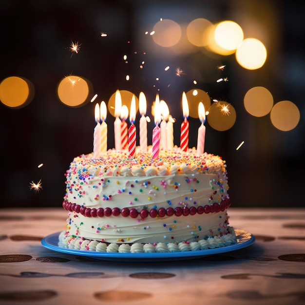 Foto un pastel de cumpleaños con velas encendidas que significan la celebración de otro año de vida