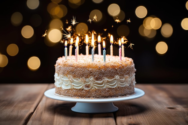 un pastel de cumpleaños con velas encendidas que significan la celebración de otro año de vida