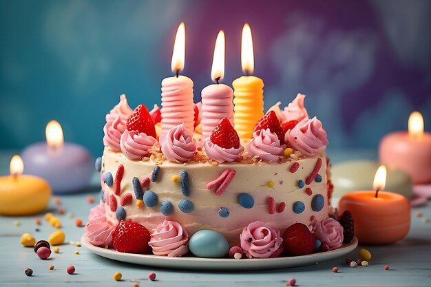 Pastel de cumpleaños con velas encendidas sobre fondo azul Tonado