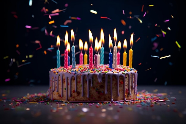 un pastel de cumpleaños con velas encendidas y velas