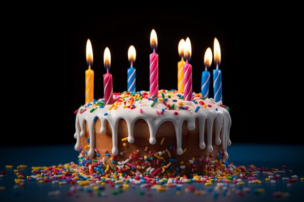 un pastel de cumpleaños con velas encendidas y velas