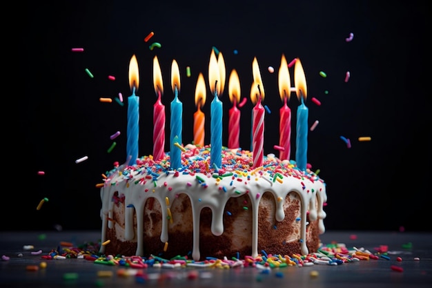 un pastel de cumpleaños con velas encendidas y velas