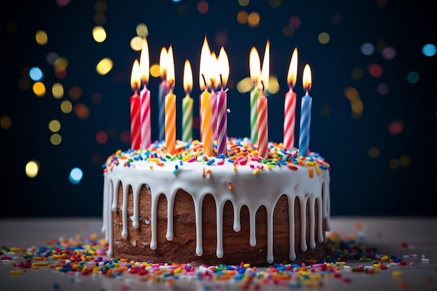 un pastel de cumpleaños con velas encendidas y velas