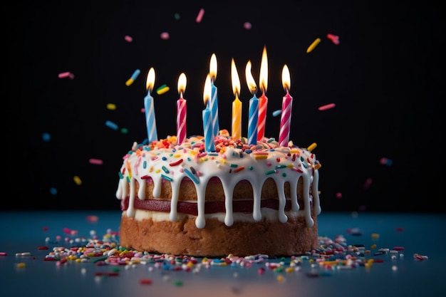 Foto un pastel de cumpleaños con velas encendidas y velas
