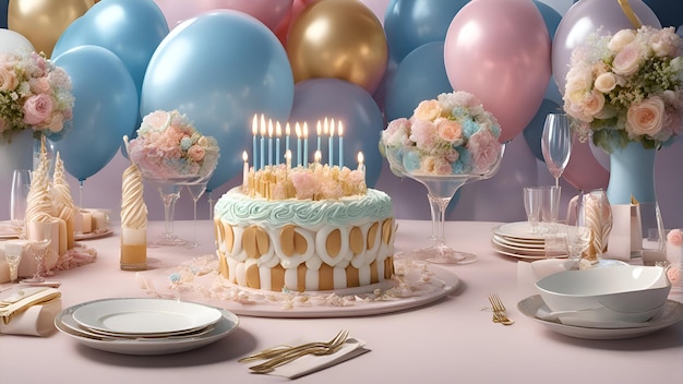 pastel de cumpleaños con velas y flores en la mesa 3d render