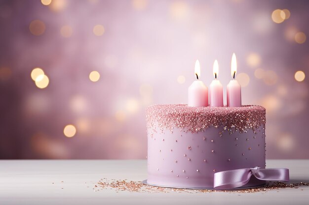 Pastel de cumpleaños con velas en un fondo bokeh brillante