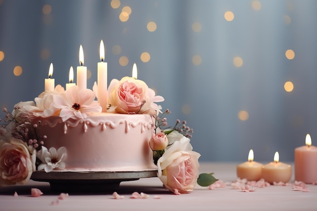 Pastel de cumpleaños con velas en un fondo bokeh brillante