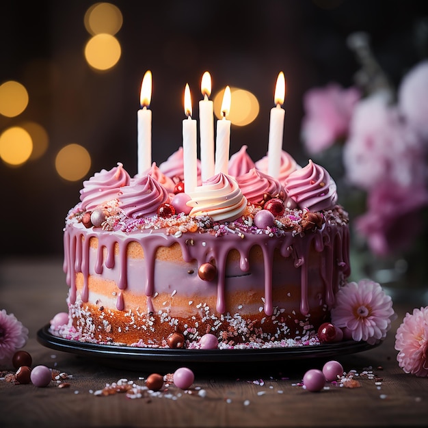 Un pastel de cumpleaños con velas en un fondo borroso