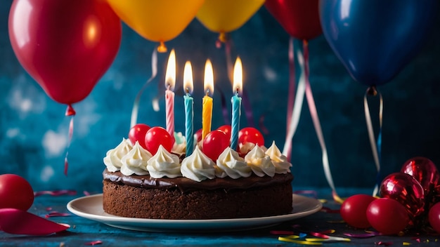 Pastel de cumpleaños con velas en el fondo de globos