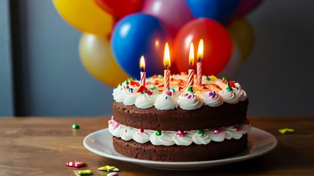 Pastel de cumpleaños con velas en el fondo de globos