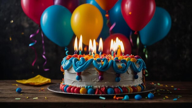 Pastel de cumpleaños con velas en el fondo de globos