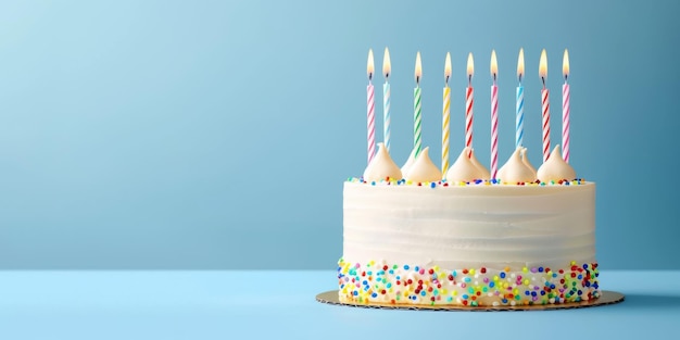 pastel de cumpleaños con velas en un fondo plano IA generativa