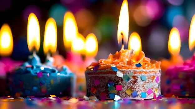 Un pastel de cumpleaños con velas frente a velas encendidas.