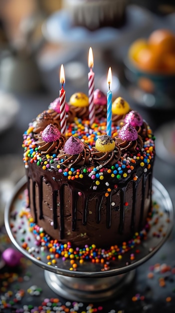 Pastel de cumpleaños con velas glaseado de chocolate Ai generativo