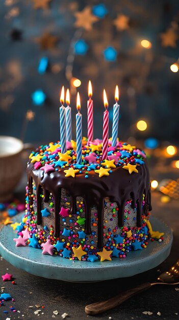 Pastel de cumpleaños con velas glaseado de chocolate Ai generativo