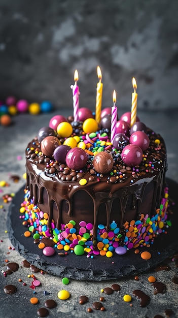 Pastel de cumpleaños con velas glaseado de chocolate Ai generativo
