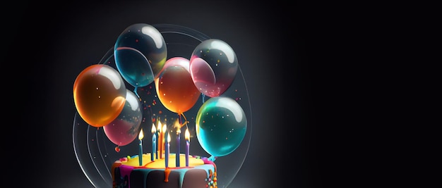 Pastel de cumpleaños con velas y globos diseño panorámico Generativo Ai