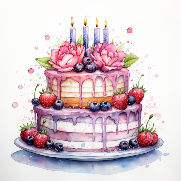 Pastel de cumpleaños con velas Ilustración acuarela aislado sobre fondo blanco