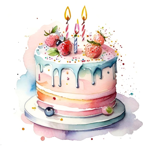 Pastel de cumpleaños con velas ilustración acuarela