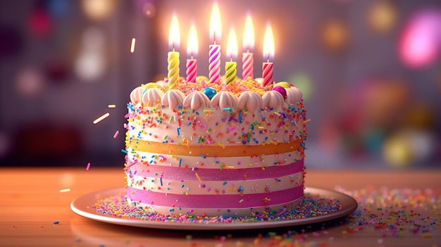 Un pastel de cumpleaños con velas y la palabra cumpleaños en la parte superior.