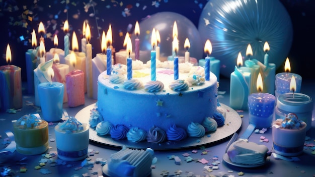 Foto un pastel de cumpleaños con velas y un pastel azul con el número 7.